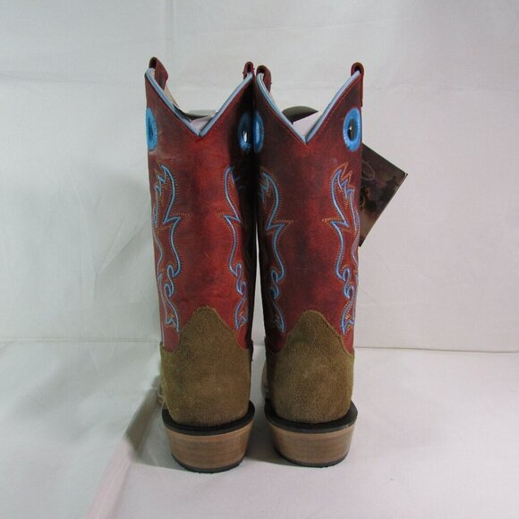 Old West Kid's Square Toe Suede Western Boots Camel/Red 8206 - Picture 3 of 4
